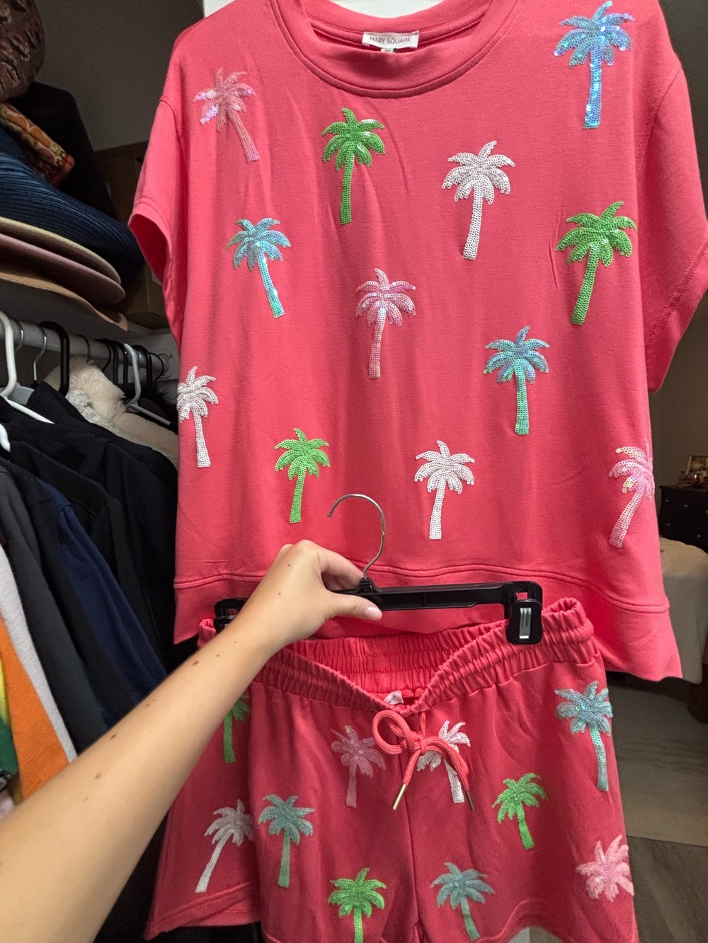 Coral Palm Embroidered Top & Shorts Set